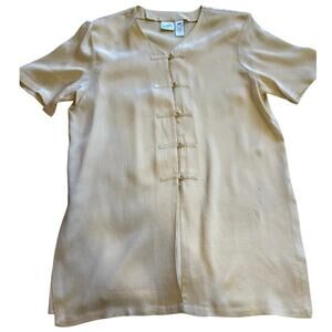 VTG Jacqueline Ferrar Frog Loop Button Up Short Sleeve Silk Yellow Blouse Large